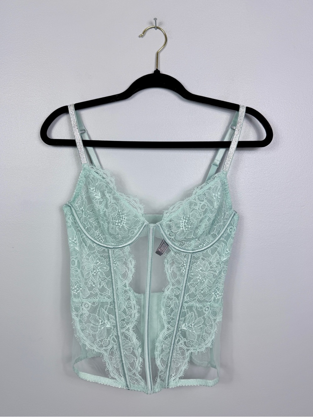 NWT VS baby blue lace & rhinestone bling adjustable corset top size large